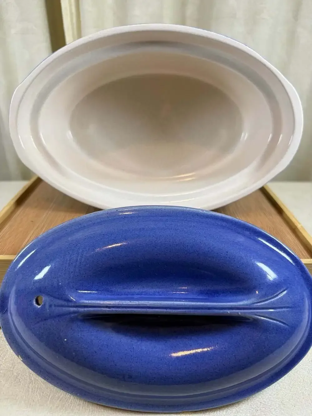Vintage Emile Henry Marcigny France Blue Oval Covered Casserole Terrine Dish